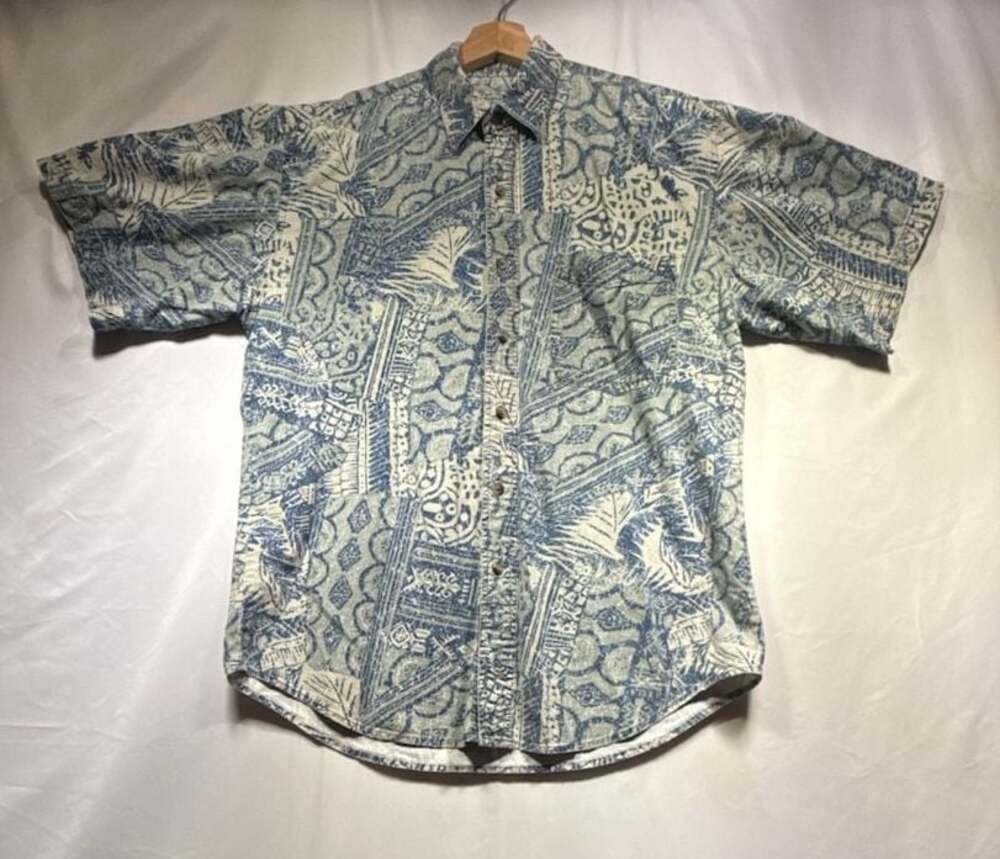 Vintage 90s Bugle Boy Co. Short Sleeve Button-Down Shirt Blue and White Geometri